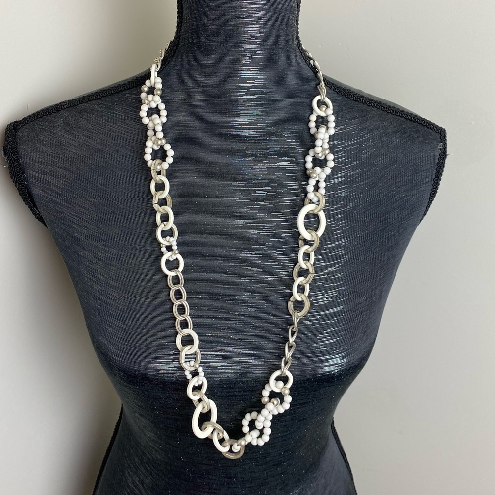 Silver-Tone & White Beaded Accent Long Necklace